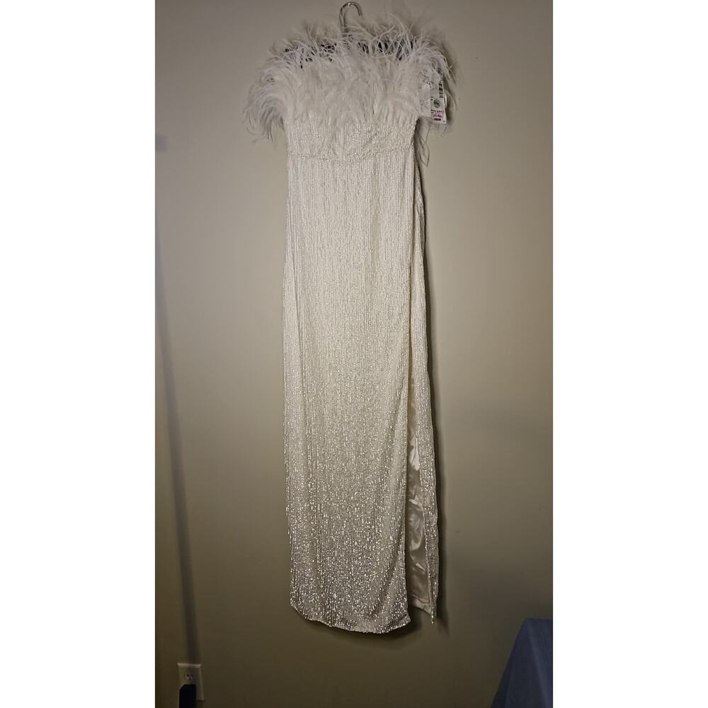 Retrofête Dolly Strapless Feather-Trim Sequin Satin Gown - Picture 8 of 13